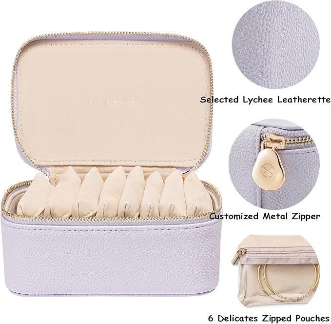 VLANDO Travel Jewelry Box Organizer – Portable PU Leather Jewelry Case with 6/8/12 Zippered Pouches, Compact Storage for Earrings Rings Necklaces Bracelets, Lilac Purple - Image 6