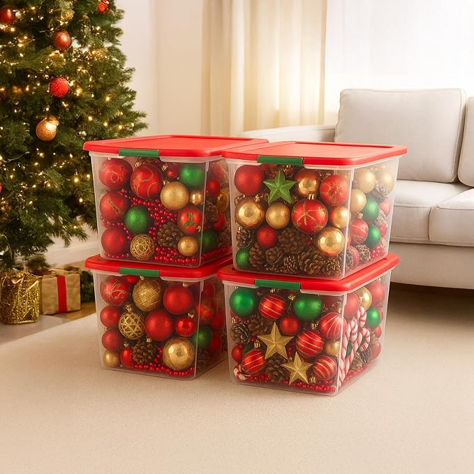 HOMZ 4-Pack Secure Latch, Clear Plastic Storage Organizer Bins, 64 Quart, Red Lid - Stackable Container Boxes for Bedroom, Bathroom, Garage, and Office Organization - Image 8