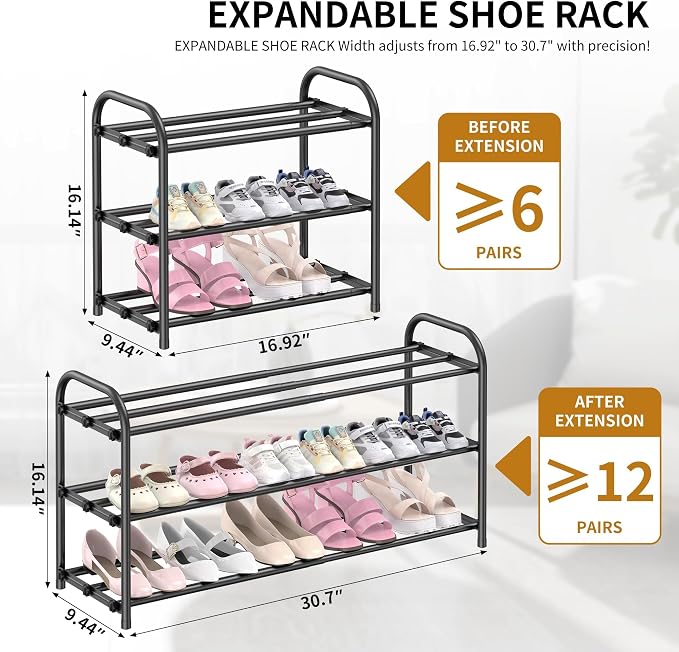 Hleelomi 3-Tier Expandable Shoe Rack,Adjustable Shoe Shelf Storage Organizer Heavy Duty Metal Free Standing Shoe Rack for Entryway, Closet,Living Room,Dorm,Black - Image 2