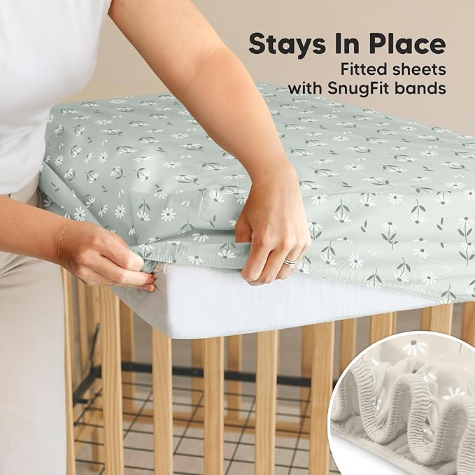 2-Pack Waterproof Crib Sheets for Boys, Girls - 52x28 Fitted Organic Cotton Baby Crib Sheets, Toddler Mattress Protector Cover, Washable, Soft & Durable Baby Bedding Essentials (Daisies)