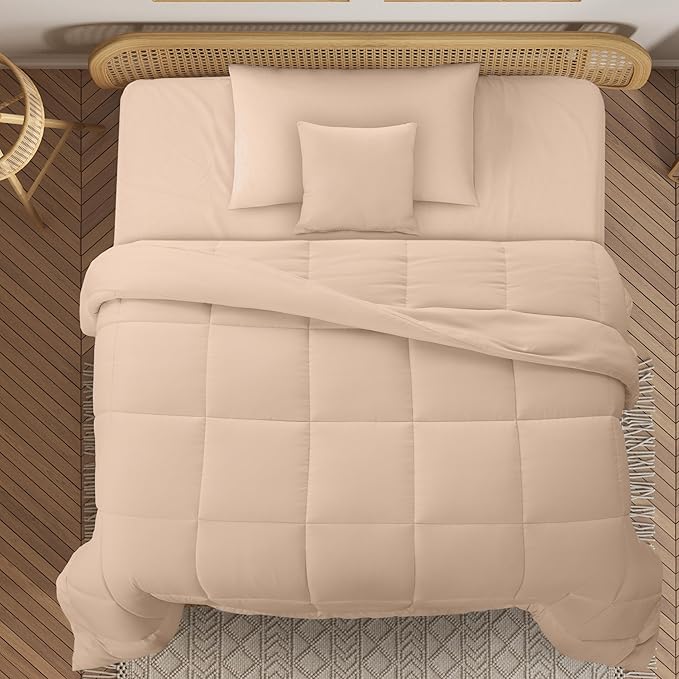 LUX Décor 4pc Twin Comforter Set, All-in-One Bed in a Bag, Includes 1 Comforter, 1 Pillow Shams, 1 Decorative Pillow & 1 Bed Skirt (Beige, Twin)