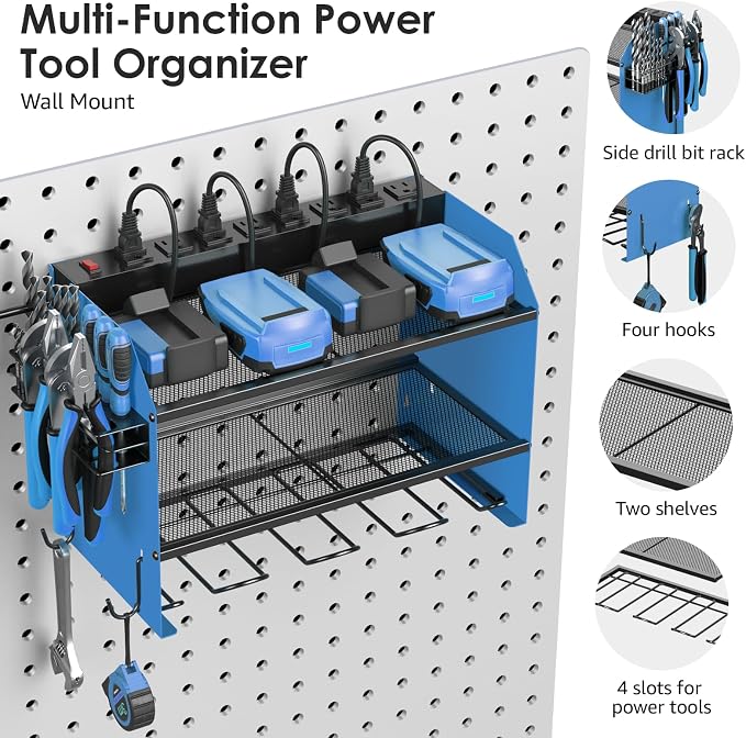 CCCEI Modular Power Tool Organizer Wall Mount with Charging Station. Garage Drill Storage Shelf with Hooks, Heavy Duty Rack, Tool Battery Holder Built in 8 Outlet. Gift for Men. Blue, 1 Pack. - Image 5