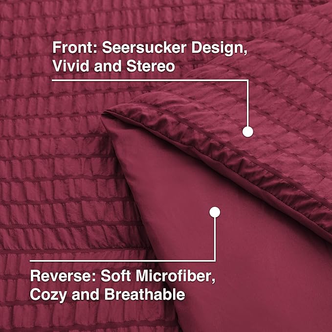 Love's cabin Seersucker Burgundy Queen Comforter Set, 7-Piece All Season Lightweight Bed in a Bag Bedding Set with Comforter, Flat Sheet, Fitted Sheet, Pillowcases and Shams | Soft, Breathable, Lightweight