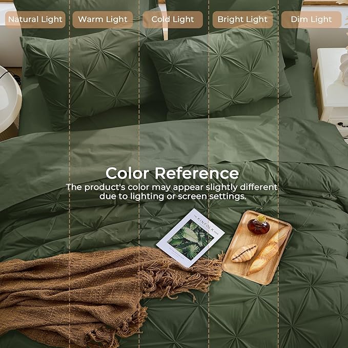 Sasttie California King Comforter Set, 7-Piece Bed in a Bag, Pintuck Bedding Sets for All Season, Includes Comforter, Flat Sheet, Fitted Sheet, Pillowcases and Pillowshams, Dark Green