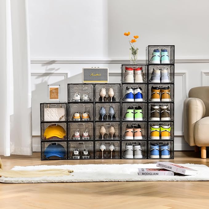 INSTY 12 Pack Gray Transparent Shoe Storage Organizer, Stackable Shoe Boxes for Closet, Drop Front Plastic Shoe Box with Grey Door, Easy to Assemble, Fit up US Size 12(13.4”x 9.8”x 7.1”) - Image 6
