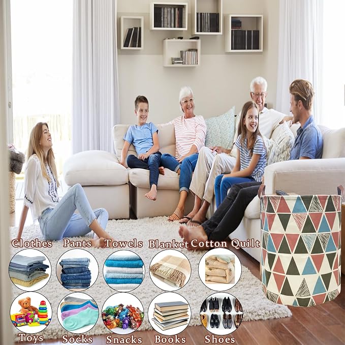 Waterproof Laundry Hamper Collapsible Laundry Basket Leather Handle Laundry Bag Large Clothes Storage Toy Organization for Bathroom Bedroom Laundryroom College Dorms (Caisanjiao-002) - Image 5