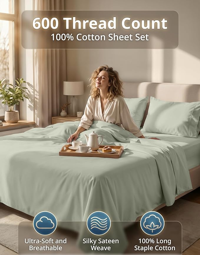LANE LINEN King Size Sheets – 600 Thread Count Long-Staple 100% Cotton King Bed Sheets, Sustainably Produced & Oeko-Tex Certified, Soft Silky Sateen Finish, 15" Deep Pocket Fitted Sheet – Mineral