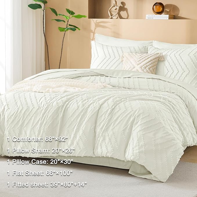 Litanika Twin XL Comforter Set Ivory - Boho Tufted Shabby Chic Bed in a Bag for College Dorm, 5 Pieces Fluffy Soft Farmhouse Bed Set for All Seasons