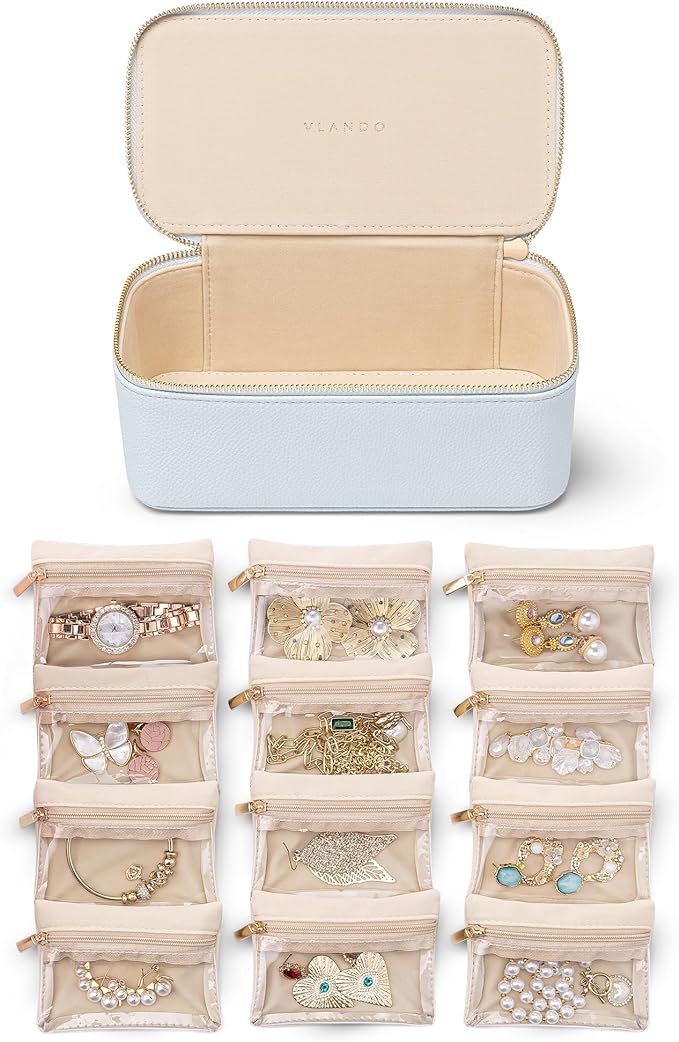 Vlando Jewelry Travel Case,Travel Jewelry Organizer with Clear Velvet Jewelry Bags 12Pcs Zipper Pouch for Women Girls-Baby Blue by VLANDO