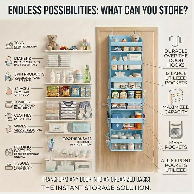 HOMELUX THEORY UPGRADED 6 Tiers Over The Door Organizer Hanging - 100D EXTRA THICK & 50lbs HUGE CAPACITY, 12 Side Mesh Pockets Over The Door Shoe Organizer, Hanging Closet Organizer (Baby Blue, 1pc) - Image 3