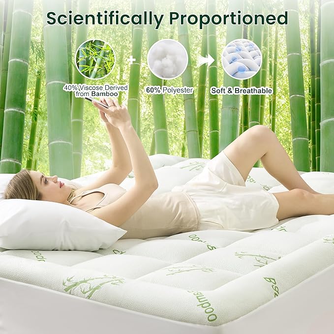Love's cabin Queen Mattress Topper Viscose Derived from Bamboo, Thick Pillow Top Mattress Pad with Stretchable Pockets for 8"-20" Mattress, Breathable Cooling Mattress Topper for Hot Sleepers, Green