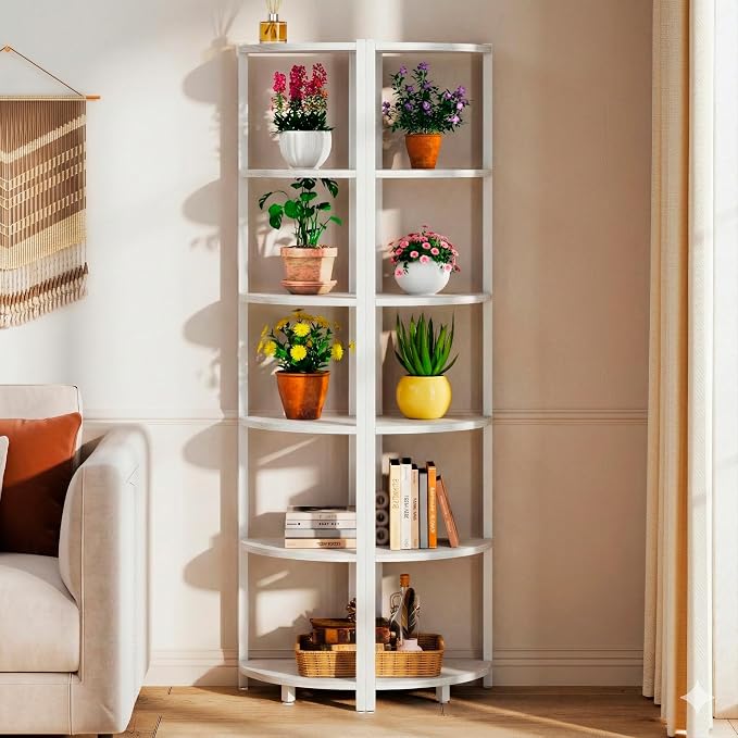 Corner Shelf with LED Lights, 6-Tier Corner Bookshelf, 66'' Organizer Book Shelf Shelves Steel Frame Display Stand with Living Room, Bedroom, Study, White - Image 7