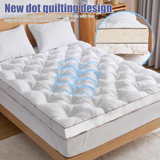WhatsBedding 4 Inch Memory Foam Mattress Topper King Size for Pressure Relief, Extra Soft and Breathable Pillow Top Mattress Topper, Fluffy Shredded Memory Foam Filled，80 * 78 * 4in