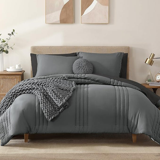 Monbix California King Size Comforter Set - 7 Pieces Bed in a Bag California King, Grey Bedding Sets with Comforter, All Seasons Comforter Bed Set with Sheets, Pillowcases & Shams
