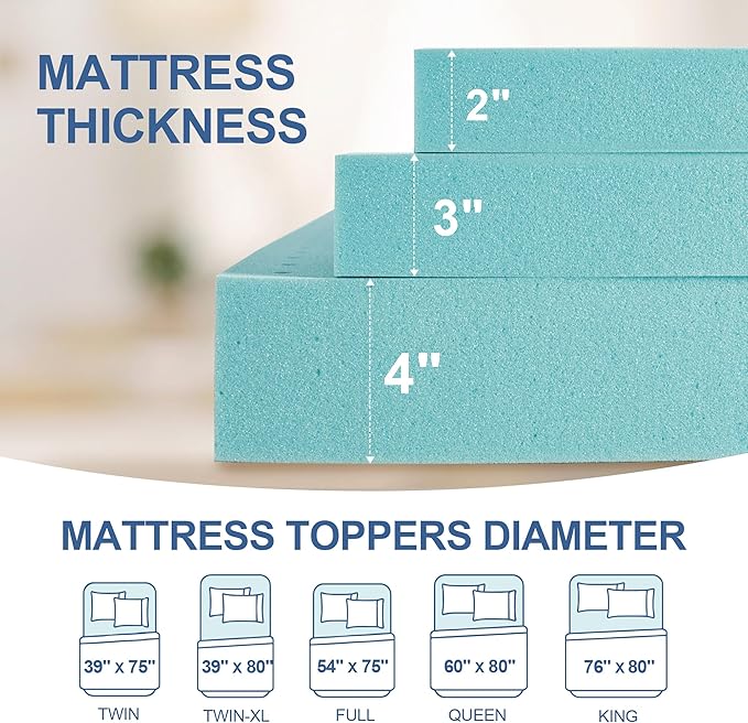 3 Inch Memory Foam Mattress Topper Twin XL, Mattress Pad Gel Infused Foam Bed Topper, Ventilated Soft Blue,Twin XL Size