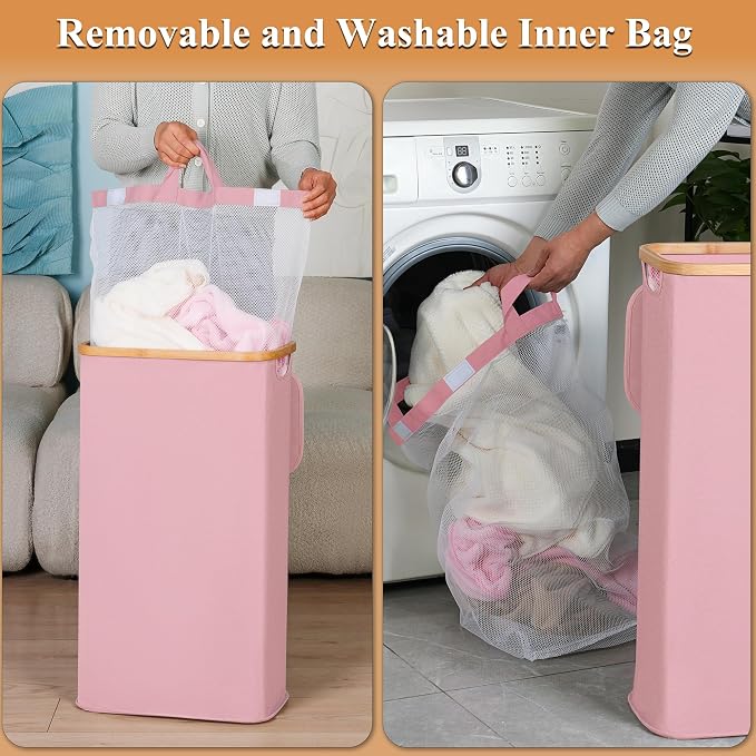 iEGrow Laundry Hamper with Lid, 110L Large Laundry Basket with Handle and Lid, Collapsible Clothes Basket Organizer with Removable Inner Bag for Clothes Toys Towels,Pink - Image 2