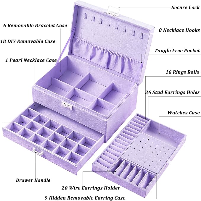 QBestry 3-Layer Jewelry Box for Girls & Teens with Lock and Key, Large Jewelry Organizer with 8 Necklace Hooks & 56 Earring Holes, Violet Velvet Jewelry Storage Box for Necklace Earring Ring Bracelet - Image 5