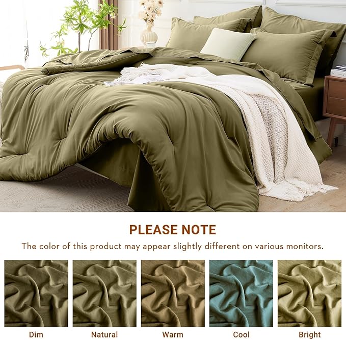 MUXHOMO 7 Pieces King Comforter Set, Soft Bed in a Bag King Size, All Season Bedding Set with Comforter, Flat Sheet, Fitted Sheet, Pillowcases & Shams, Olive Green