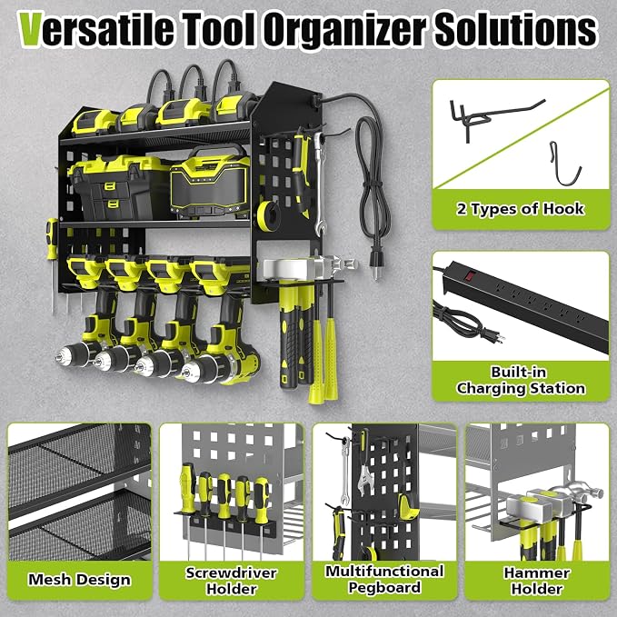 SUNALLY Power Tool Organizer Wall Mount with Charging Station,3 Layer Heavy Duty Metal Tool Storage Rack with 4 Drill Holders, Power Tool Shelf for Garage, Warehouse, Workshop, Gifts for Men, Husband - Image 5