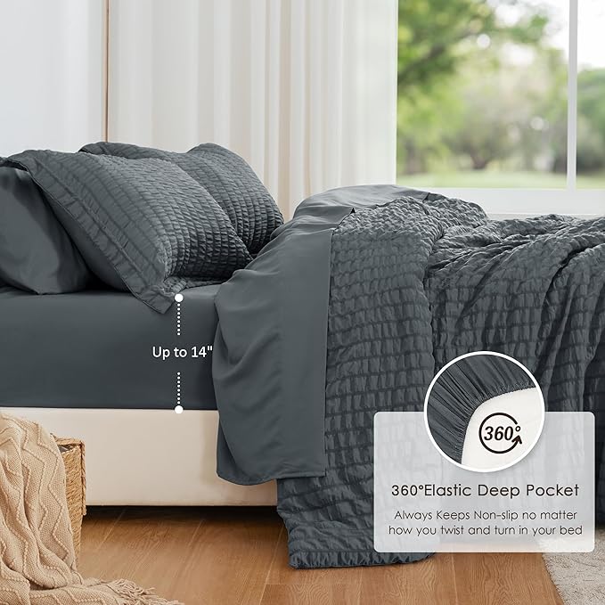 Love's cabin Seersucker Charcoal Grey King Size Comforter Set, 7-Piece All Season Lightweight Bed in a Bag Bedding Set with Comforter, Flat Sheet, Fitted Sheet, Pillowcases and Shams | Soft, Breathable, Lightweight