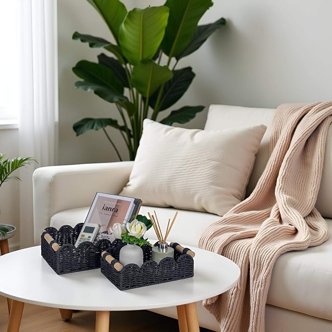 CubesLand Scalloped Edge Decor Baskets for Home, Living Room, Toilet Paper Storage Basket for Over Toilet Shelf, End Table,Shelves and More, Small Paper Rope Baskets Both Storage&Decor, Set 2 Black - Image 4