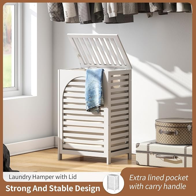 FILWH Laundry Hamper with Lid (16.9 * 13 * 26.5inches) Large Bamboo Laundry Bin Basket 85L Clothes Hamper with 1 Removable Bag Storage baskets for Bathroom (White) - Image 4