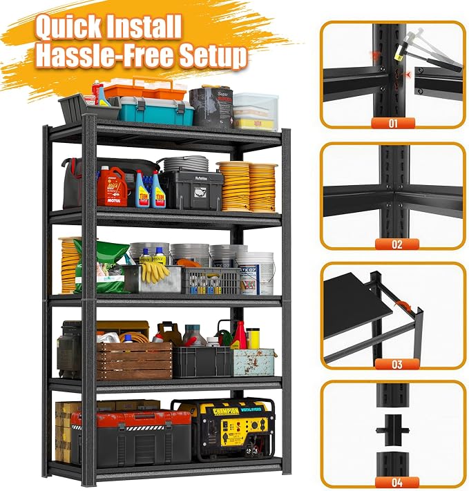 PRESTELION Garage Shelving 40" W Storage Shelves 3000LBS Heavy Duty Metal Shelving Unit 5 Tier Adjustable Shelf for Kitchen Warehouse Pantry Basement, Black (Black, 72" H x 40" W x 16" D, 5-Tier) - Image 7