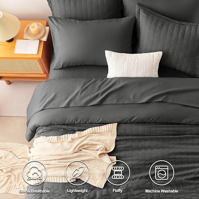 CozyLux Twin XL Comforter Set with Sheets Seersucker Dark Grey 5 Pieces Bed in a Bag, Dark Gray Twin Extra Long Bedding Sets for College Dorm with Down Alternative Comforter, Sheets, Pillowcase & Sham