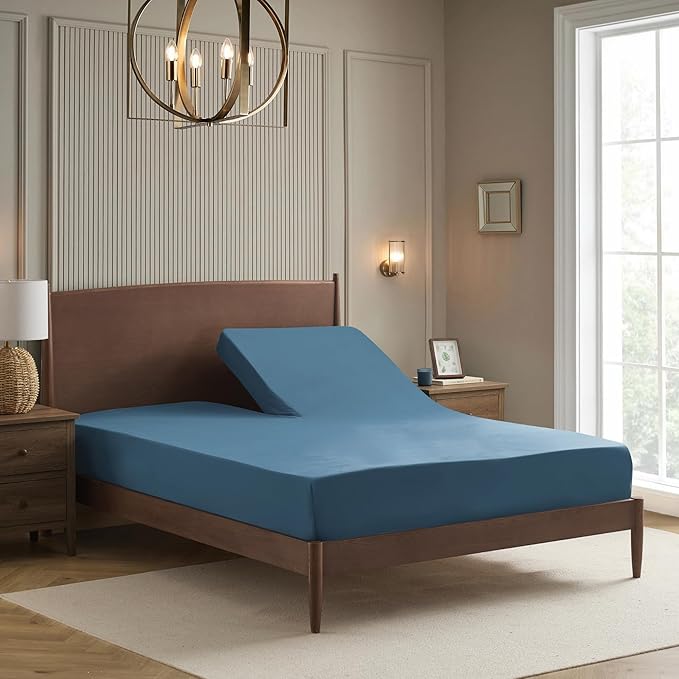 Split Head King Sheets Set for Adjustable Beds 4 Piece Flex Top Bed Sheets – Deep Pocket Split Top Fitted Sheet with Built-in Corner Straps, Luxury Soft Cooling Bedding, Wrinkle Resistant, Denim