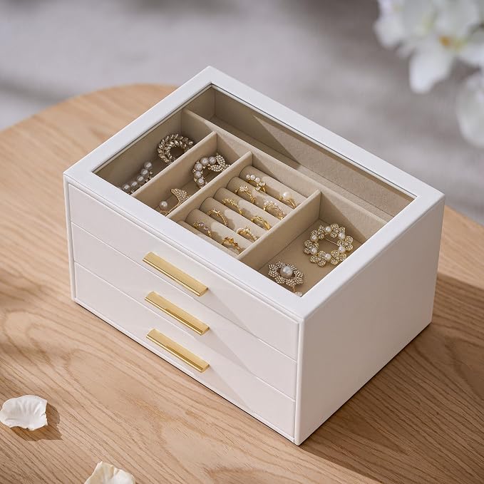 pickpiff Jewelry Box Organizer Case for Women: 3-Layer Jewelry Storage Case with Glass Window, Pure White Leather with Velvet Holder for Ring Necklace Bracelet Brooch Watch, Great Gift for Her - Image 2
