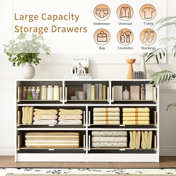 7 Drawer Dresser and Nightstand Sets for Bedroom, 3 Pcs Bedroom Set，Night Stand Set of 2 & 7 Drawer Dresser with Gold Handles, Modern Wood Chest of Drawers Storage Cabinet Set, White