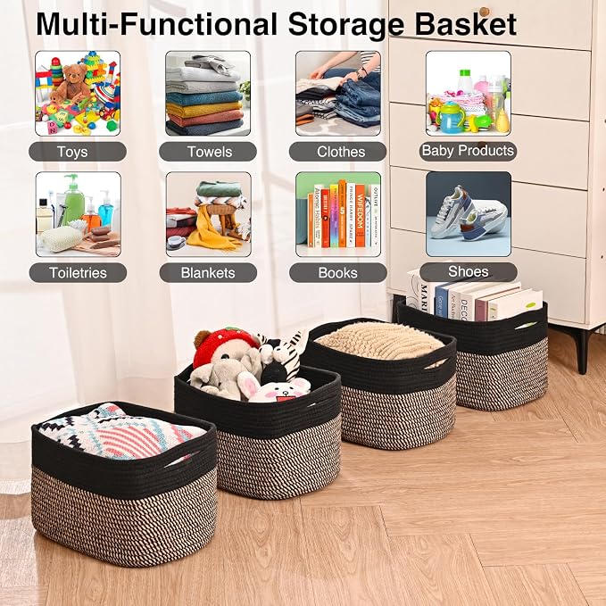 ICERZCZ Storage Baskets for Shelves Organizing, Woven Cotton Rope Baskets for Storage, Book Basket, Decorative Shelf Basket, 12.5"Lx9.1''Wx7.9''H (4 Packs) Black & Jute - Image 4