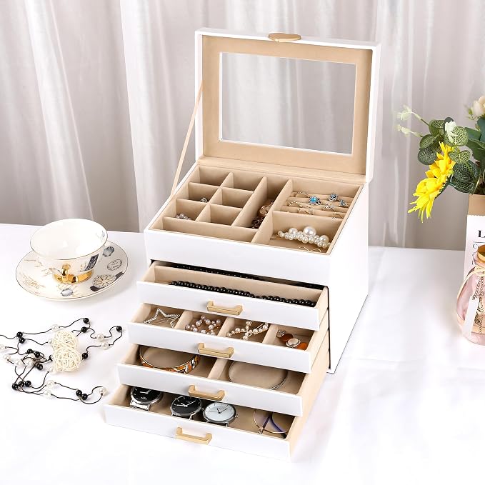 Kendal Jewelry Box, 5-Layer Jewelry Organizer Box with Glass Lid, Brass Gold and White, Heart Shaped PU Leather, Storage Box for Necklace Earrings Rings Bracelets, Gift Idea for Girls LJC4DRWH - Image 5
