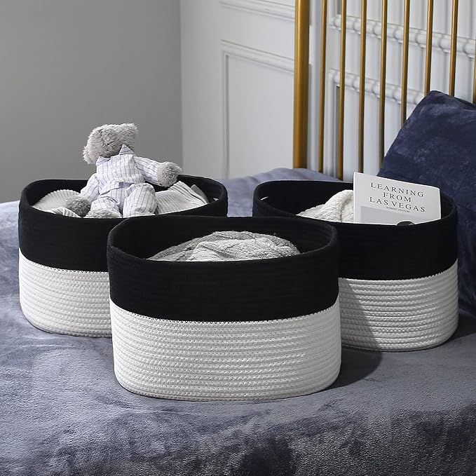 ECDYQXVU Cotton Rope Storage Basket, 15x10x9 Inches, Woven Basket for Shelves, Clothes, Towels, Books, and Laundry, Black/ White (1 Pack) - Image 9