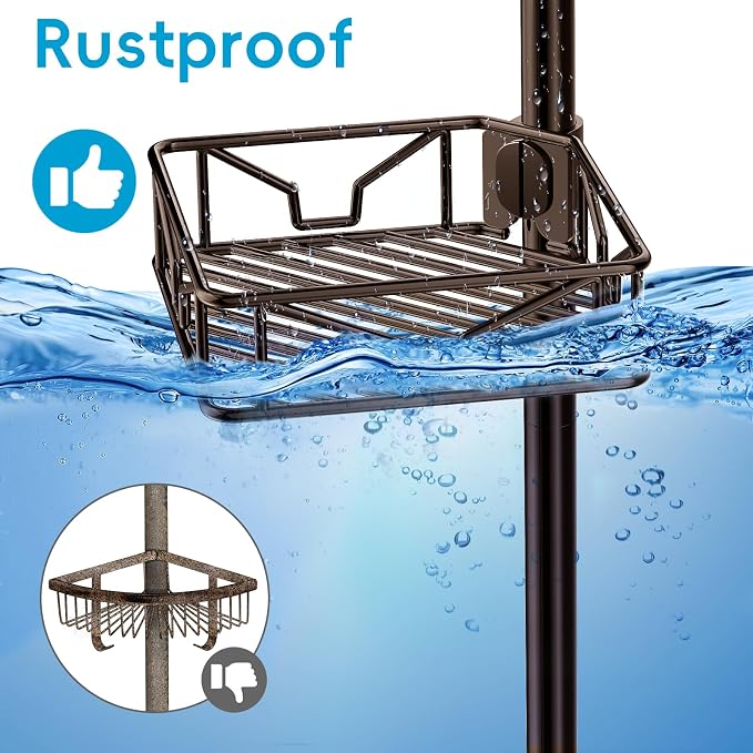 Skycarper 5 Tier Adjustable Corner Shower Caddy Organizer with Hooks,Rustproof Tension Pole 62-116 Inch,Bronze - Image 5