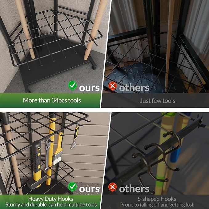 Garden Tool Organizer for Corner - Heavy Duty Metal Rack with 34 Storage Compartments & 14 Hooks for Shovels, Rakes, Long-Handled Tools, Ideal for Garden, Shed, Garage Storage - Image 5