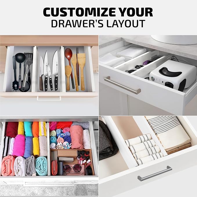 4-Pack Drawer Dividers - 2.6 Inches High, Adjustable 16 to 22 Inches Bamboo Drawer Organizer, Large Expandable Separator for Clothes, Dresser, Bedroom, Bathroom, Baby, Office, Kitchen Utensils, White - Image 7