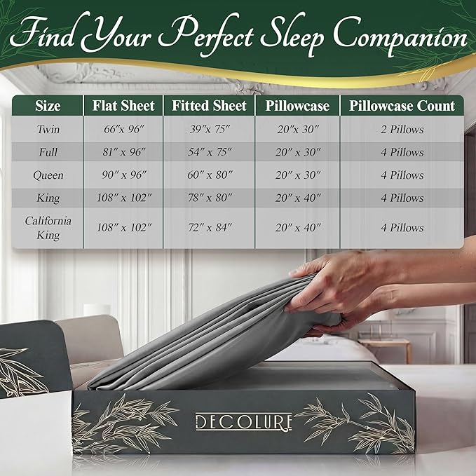 DECOLURE 100% Viscose Derived from Bamboo Sheets Twin Size - Luxury 4 Pc Naturally Cooling Sheets, Ultra Soft Bed Set - Deep 17" Pockets, Durable Double Stitching, Oeko Tex Standard (Light Grey)