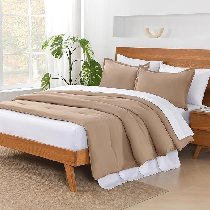 Andency Taupe Queen Comforter Set - 7 Pieces Khaki Tan Bed in a Bag Queen Bedding Comforter Sets, Summer Solid Soft Lightweight Comforter with Fitted Sheets, Flat Sheets, Pillowcases & Shams