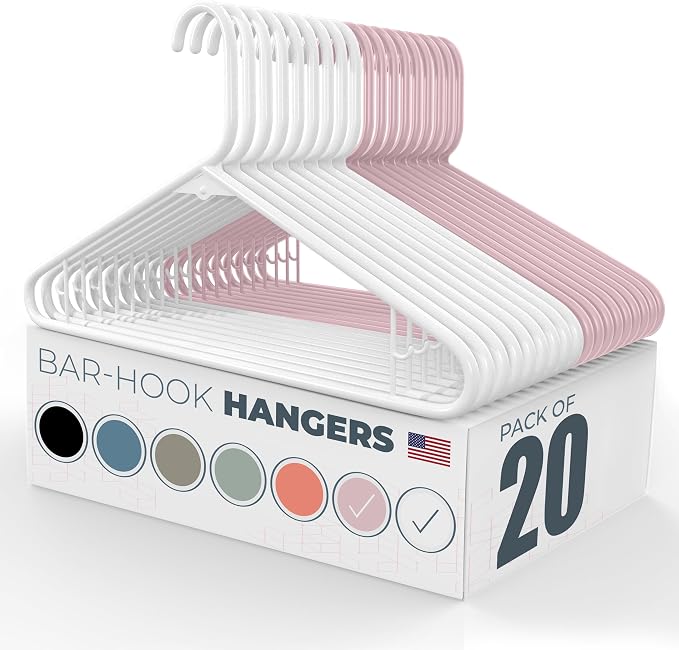 Neaties Plastic Hangers 20 Pack - Made in the USA - 6lb Capacity Standard Clothes Hangers with Strap Hooks for Dresses, Lingerie, Shirts, Pants, and Jackets - White & Rose by NeatiesHangers
