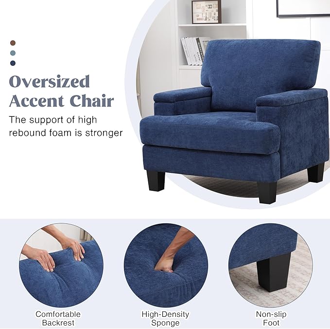 Oversized Accent Chair with Storage Armrest, Modern Upholstered Reading Living Room Chairs, Comfy Large Armchair, Fabric Single Sofa Chair for Bedroom (Navy Blue)