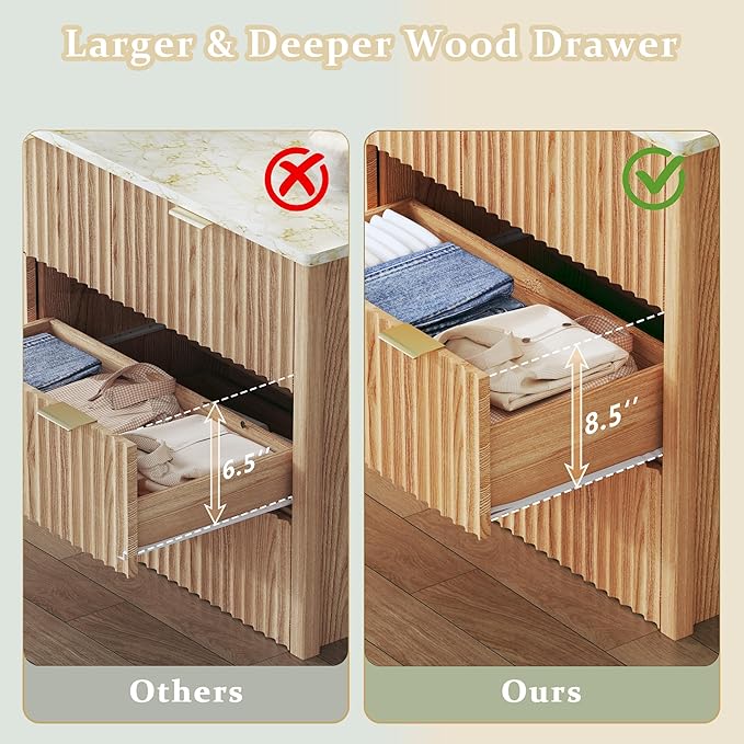 HUAHUU Fluted Dresser for Bedroom with 7 Drawers, 53" Wide Mid Century Modern Dressers with Faux Marble Top & Metal Handle, Wooden Chest of Drawers TV Stand, Natural Oak