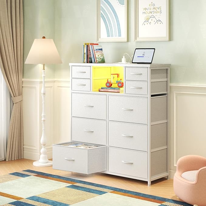Romorgniz White Dresser for Bedroom with 10 Drawers Featuring LED Light and Power Outlet, Fabric Dressers & Chest of Drawers with Open Shelves for Hallway, Living Room, Steel Frame,Wood Top