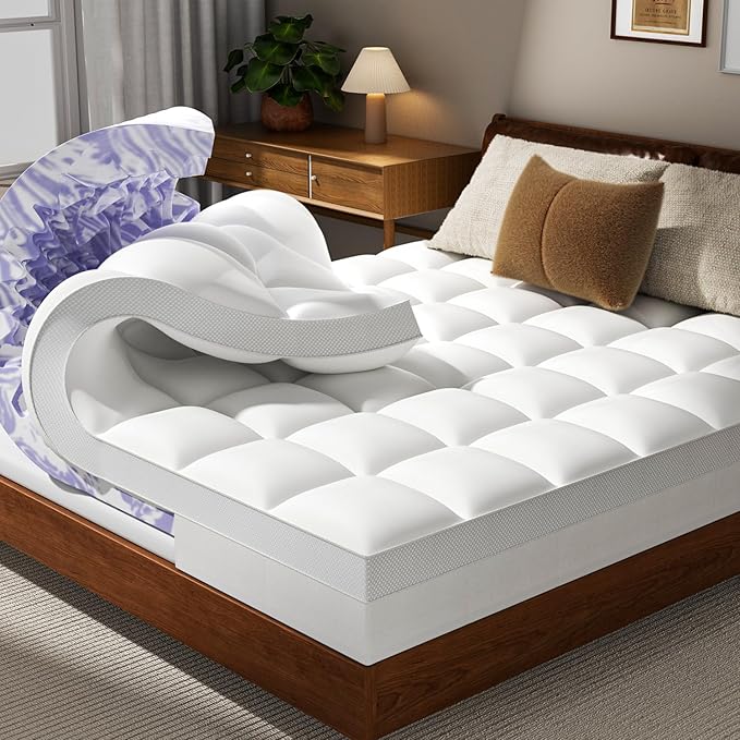 Dual Layer 5 Inch Memory Foam Mattress Topper King - 2 Inch Gel Memory Foam and 3 Inch Pillow Top Mattress Pad, 7-Zone Egg Crate King Size Mattress Topper(Cream)