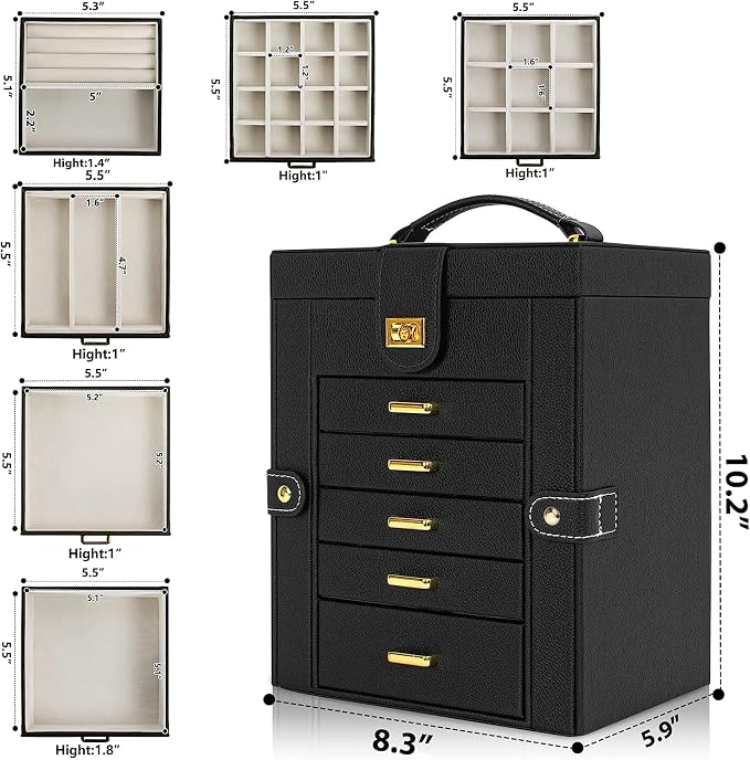 AKOZLIN Jewelry Box Organizer Functional Leather Jewelry Storage Case for Women Girls Ring Necklace Earring Bracelet Holder Organizer with Mirror Black - Image 7