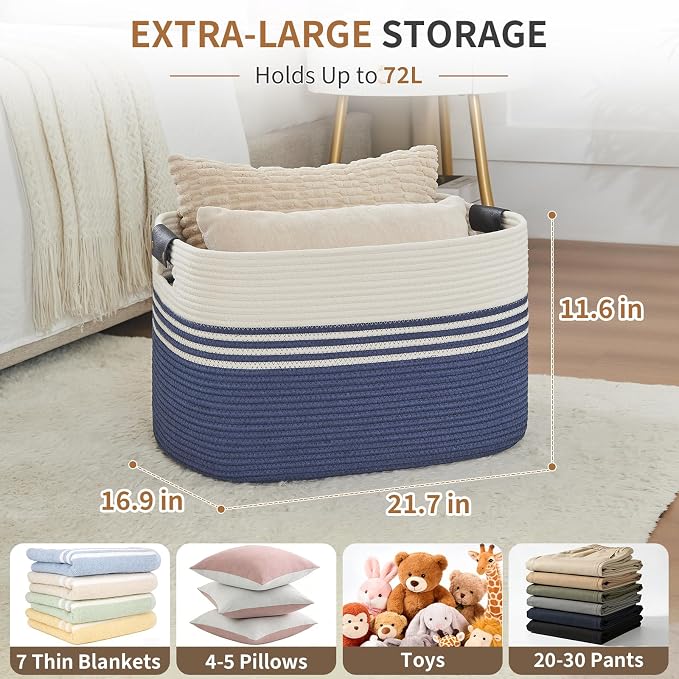 AINUOQI Laundry Basket with Handles - Blanket Basket & Hampers for Bedroom Aesthetic, Laundry Hamper & Blanket Storage for Living Room, Clothes Hamper, Tall, Large 21.7" x 16.9" x 11.8”, Blue - Image 2
