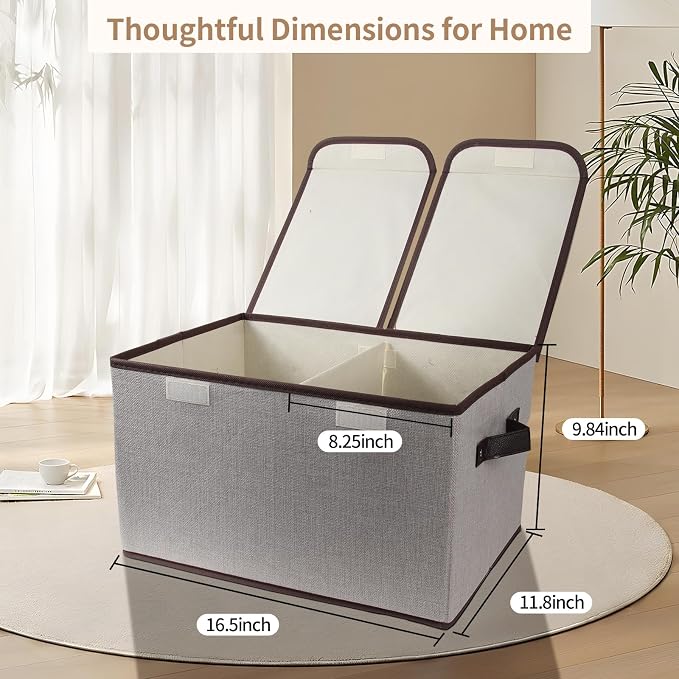 Foldable Fabric Storage Box, 16.5 x 11.8 x 9.8 inches (L x W x H), with Double-Lid & Dividers, Large Organizer for Home, Closet, Office(Grey, 4 Packs) - Image 2