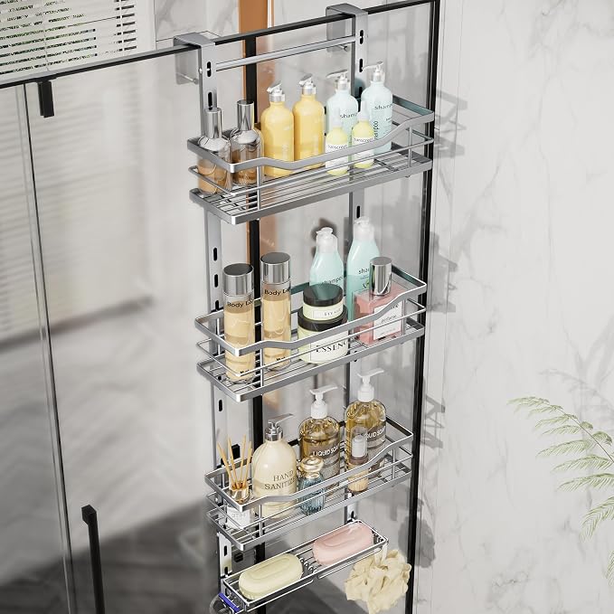 SWTYMIKI Over the Door Shower Caddy - 4 Tier Adjustable Shower Organizer Hanging with Soap Holder, No Drilling Stainless Steel Bathroom Rack Hanging for Body Wash, Shampoo, Soap, Razor, Silver by SwtyMiki-TidyHomeSweetLife