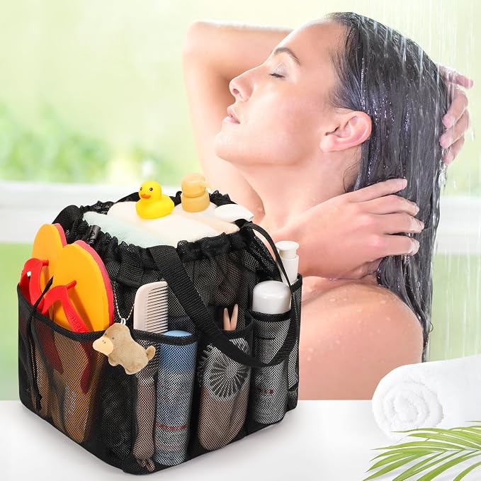famichan Mesh Shower Caddy Portable with Drawstring, Dorm Room Essentials for College Students boy & girl, Larger Shower Bag for Camping,Swimming,Gym,Travel,Bathroom - Black - Image 8