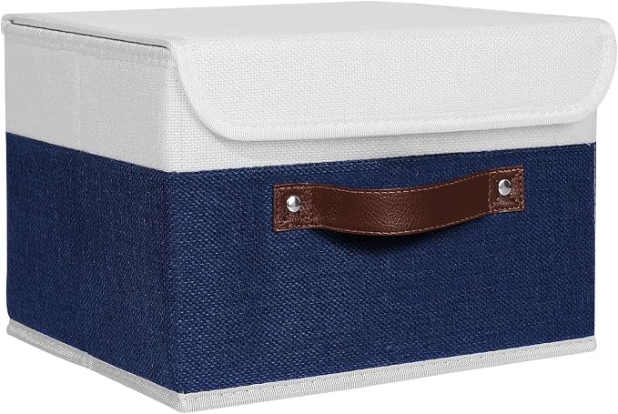 ANMINY Storage Boxes with Lids Washable Decorative Storage Bins Basket with PU Leather Handle Foldable Linen Fabric Storage Cubes Containers for Home Closet Organizer - Deep Blue White, Small Size by ANMINY
